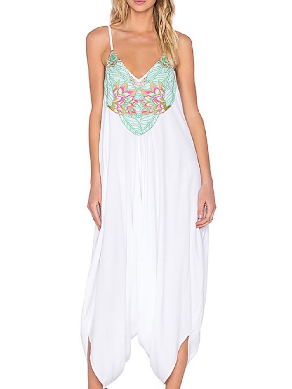 Mara Hoffman White Maxi Dress with Mint and Pink Embroidery